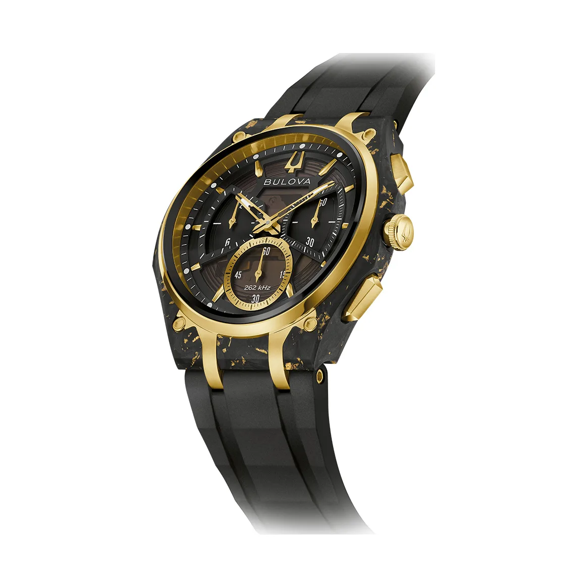 Bulova Curv Chronograph Schwarz Gold Kautschukband Herrenuhr 98A328
