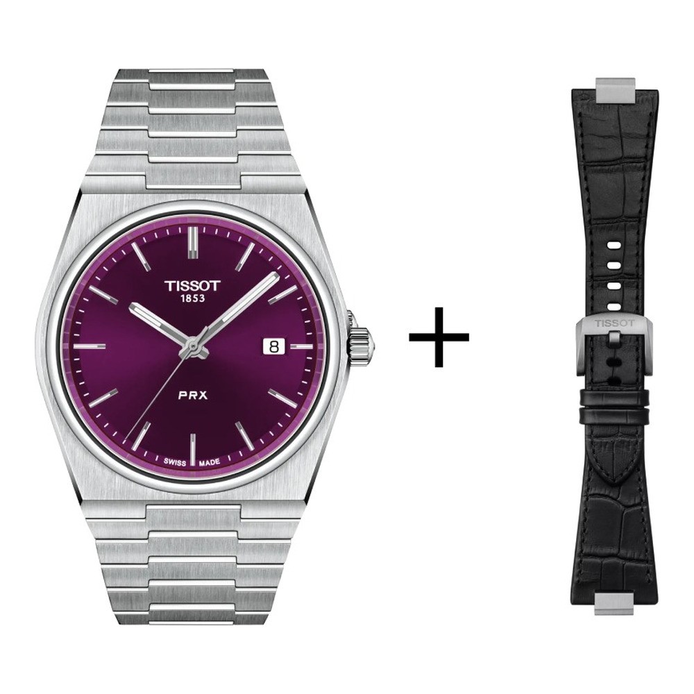 Tissot PRX 40mm Lila, Quarzwerk, Edelstahl, Saphirglas Herrenuhr T137.410.11.401.00 Set mit schwarzem Lederband  Kroko