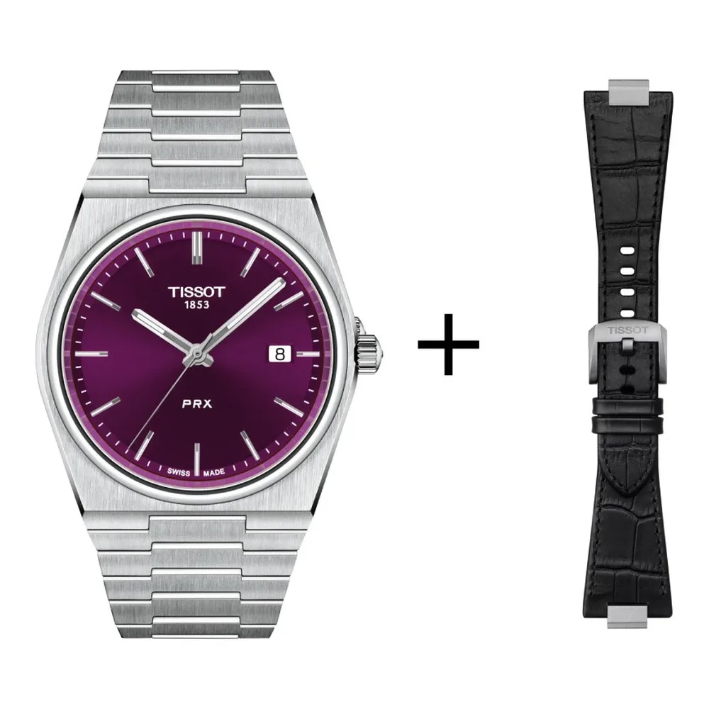 Tissot PRX 40mm Lila, Quarzwerk, Edelstahl, Saphirglas Herrenuhr T137.410.11.401.00 Set mit schwarzem Lederband Kroko