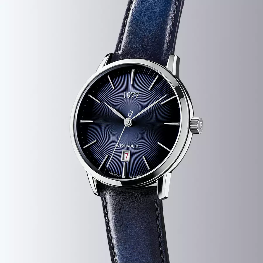 1977 EDMOND Automatique, 40 MM, Cadran Bleu, Bracelet Cuir Bleu Herrenuhr 1977P01166