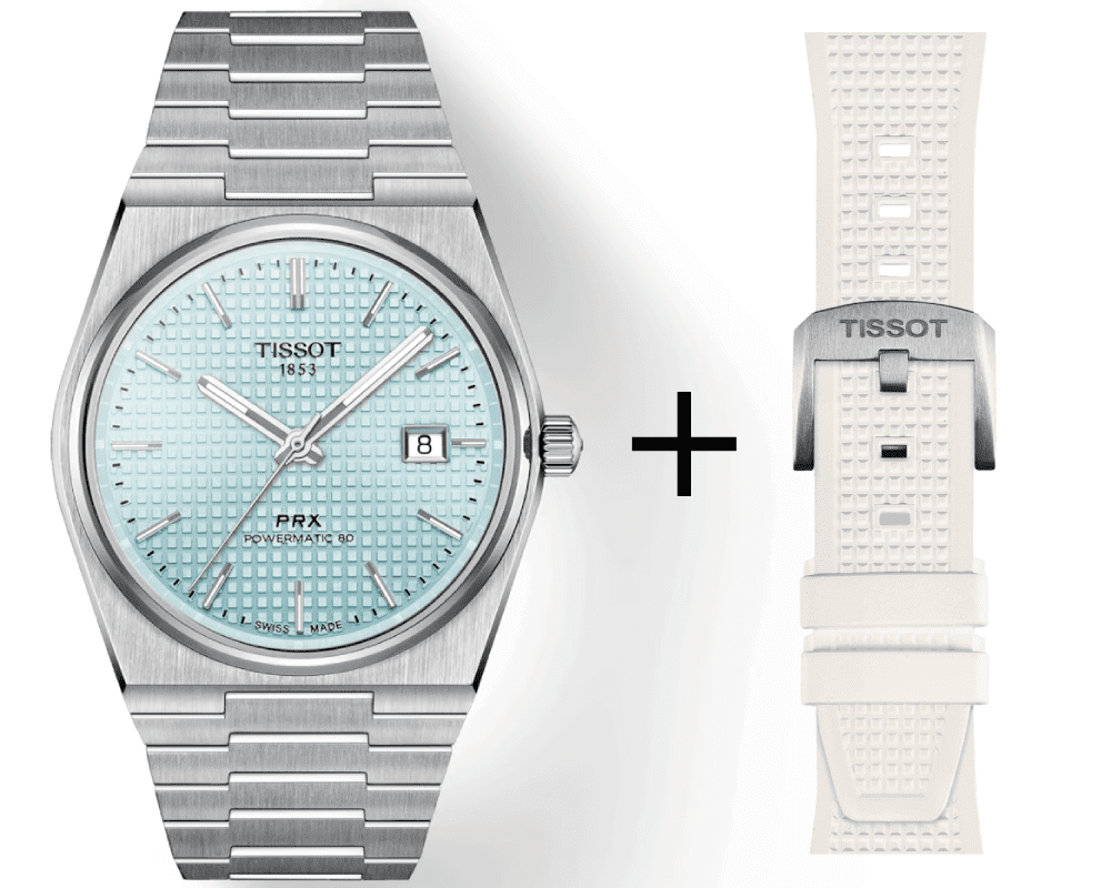 Tissot PRX Powermatic 80 Hellblau Herrenuhr T137.407.11.351.00 Set mit weißem Kautschukarmband T603.048.463