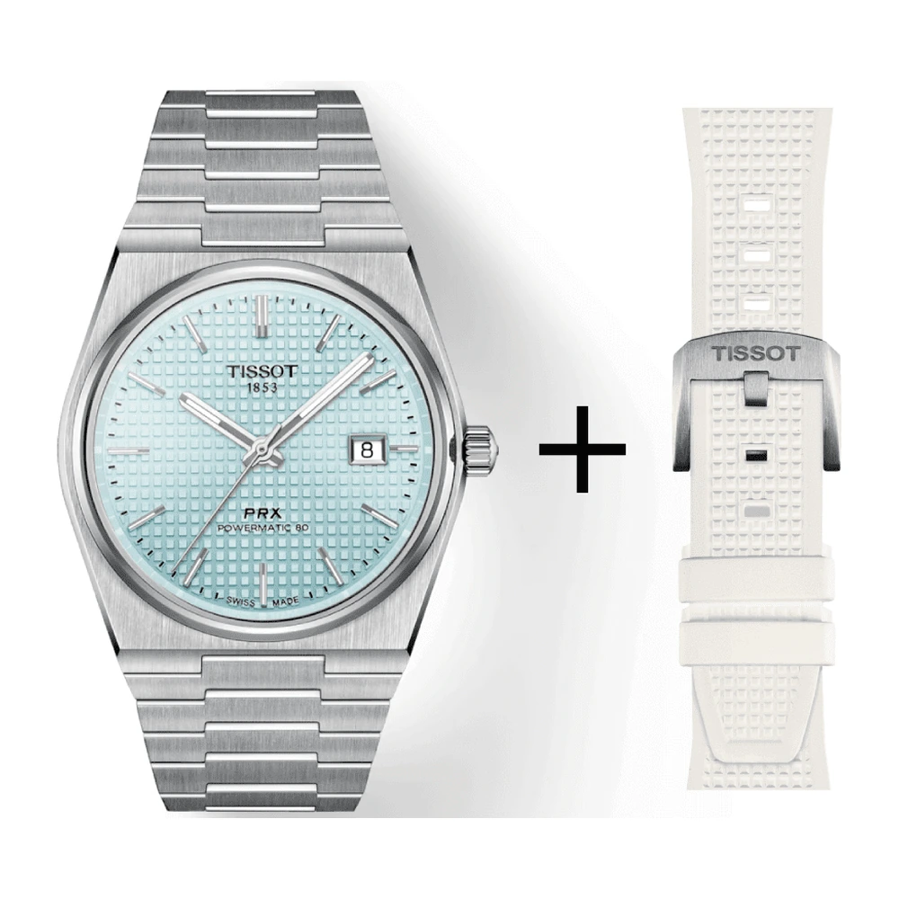 Tissot PRX Powermatic 80 Hellblau Herrenuhr T137.407.11.351.00 Set mit weißem Kautschukarmband T603.048.463