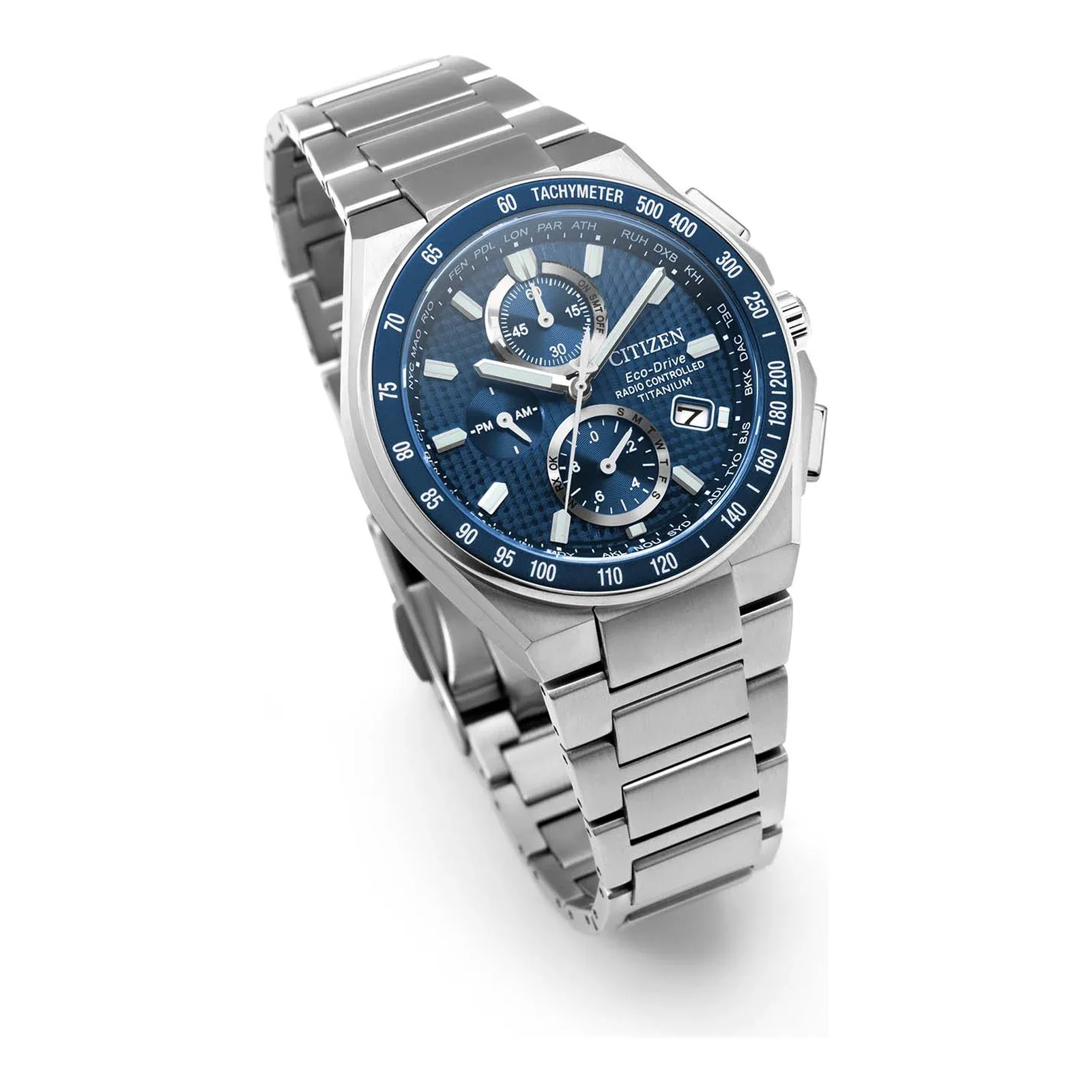 Citizen Eco-Drive Funk Chronograph Super Titanium blau Herrenuhr AT8396-59L
