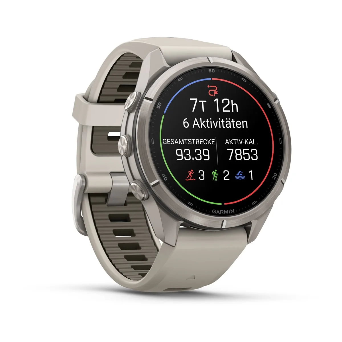 Garmin fēnix® 9 Pro inReach® - 43 mm AMOLED Sapphire Titan mit Silikon-Armband Nebelgrau/Dunkler Sandstein 010-04335-81