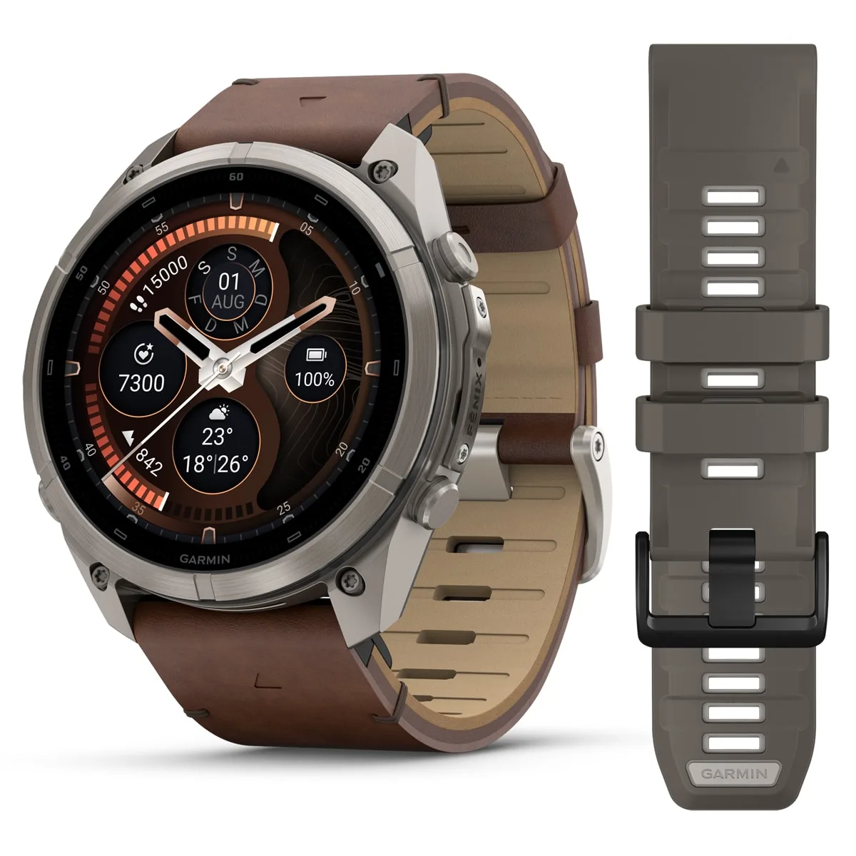 Garmin fēnix® 9 Pro inReach® - 51 mm AMOLED Sapphire Titan mit Leder-Armband Walnuss und Silikon-Armband Kieselgrau/Silbergrau 010-04337-41