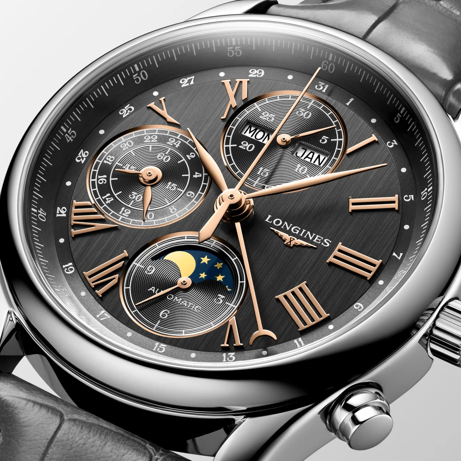 Longines Master Collection Chrono Mondphase Anthrazit Lederband grau 40 mm Herrenuhr L2.673.4.61.2