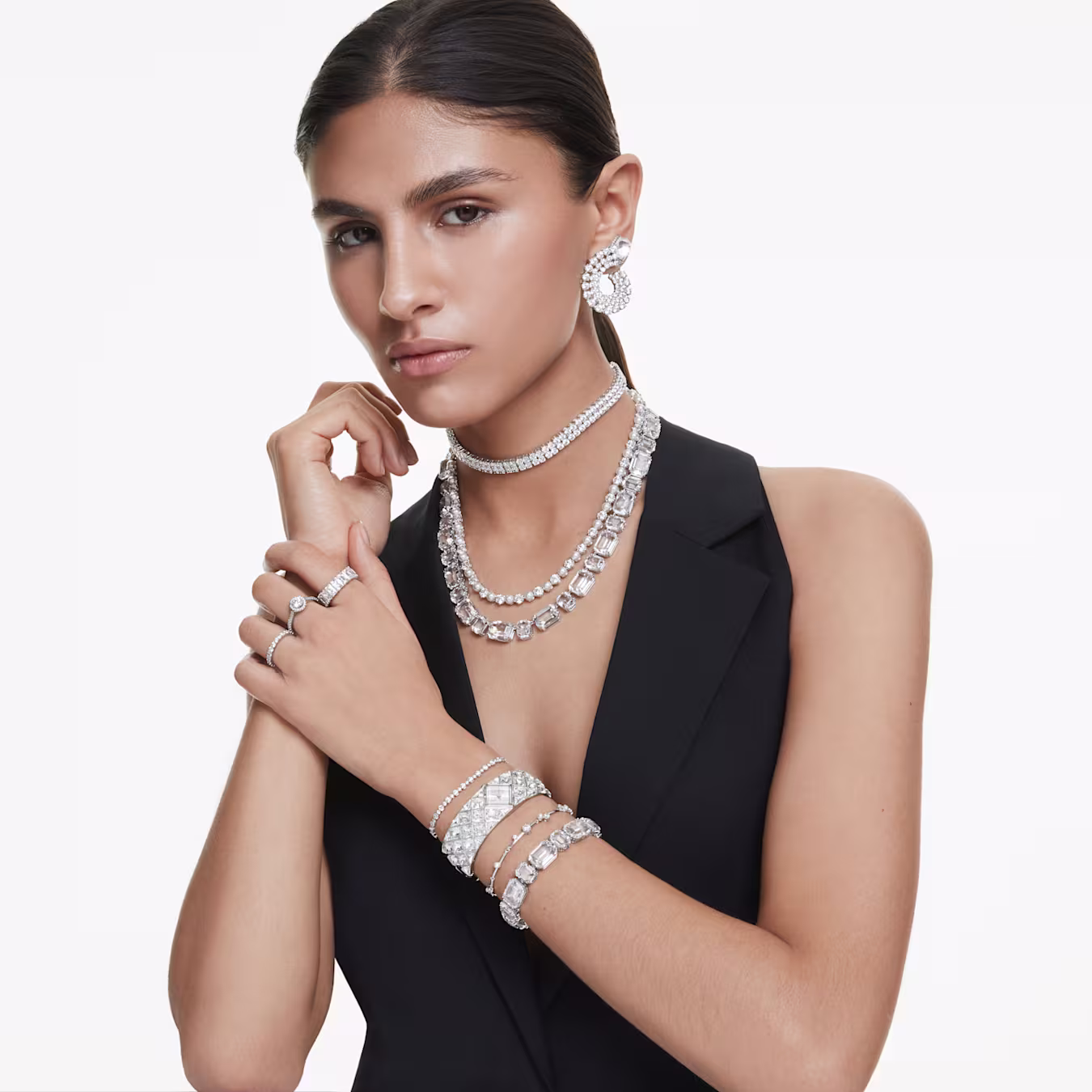 Swarovski Matrix Tennis Halskette Kristallperle, Rundschliff, Weiß, Rhodiniert