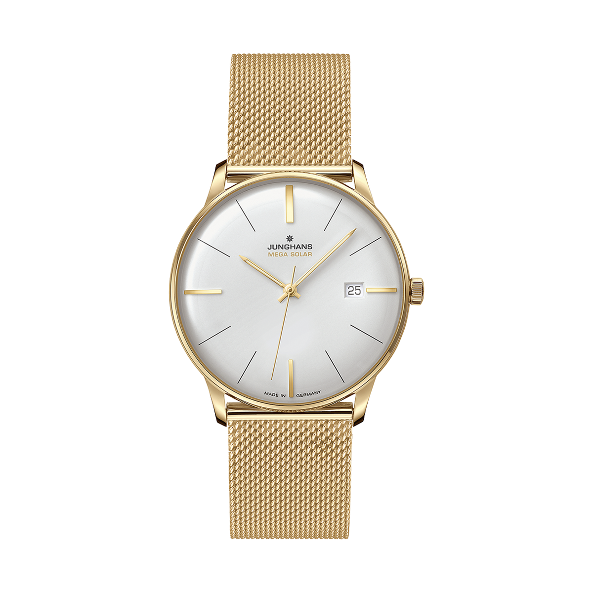 Junghans Meister MEGA Solar, Funk-Solarwerk, 38 mm, Milanaiseband Gold Herrenuhr 59/7600.46
