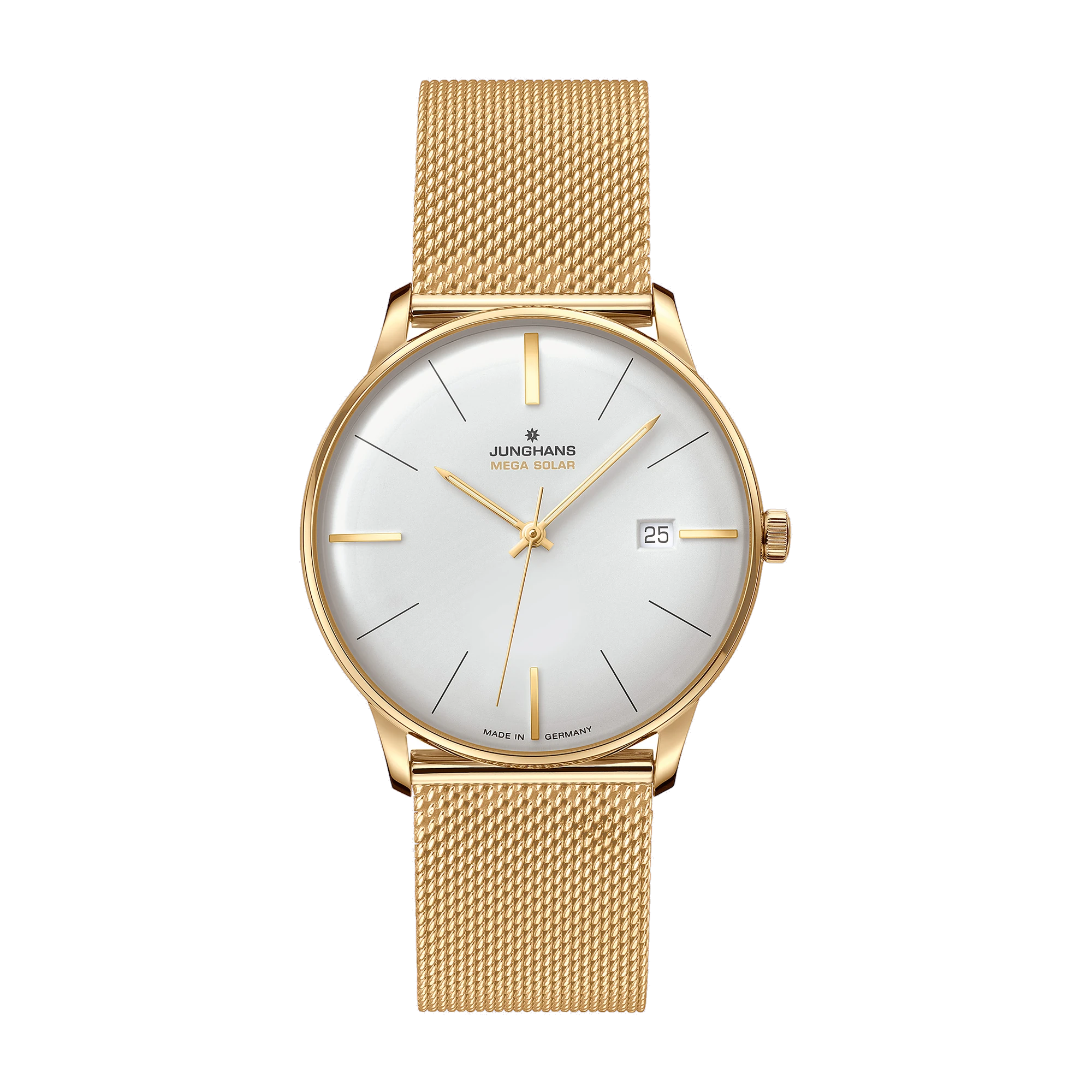 Junghans Meister MEGA Solar, Funk-Solarwerk, 38 mm, Milanaiseband Gold Herrenuhr 59/7600.46