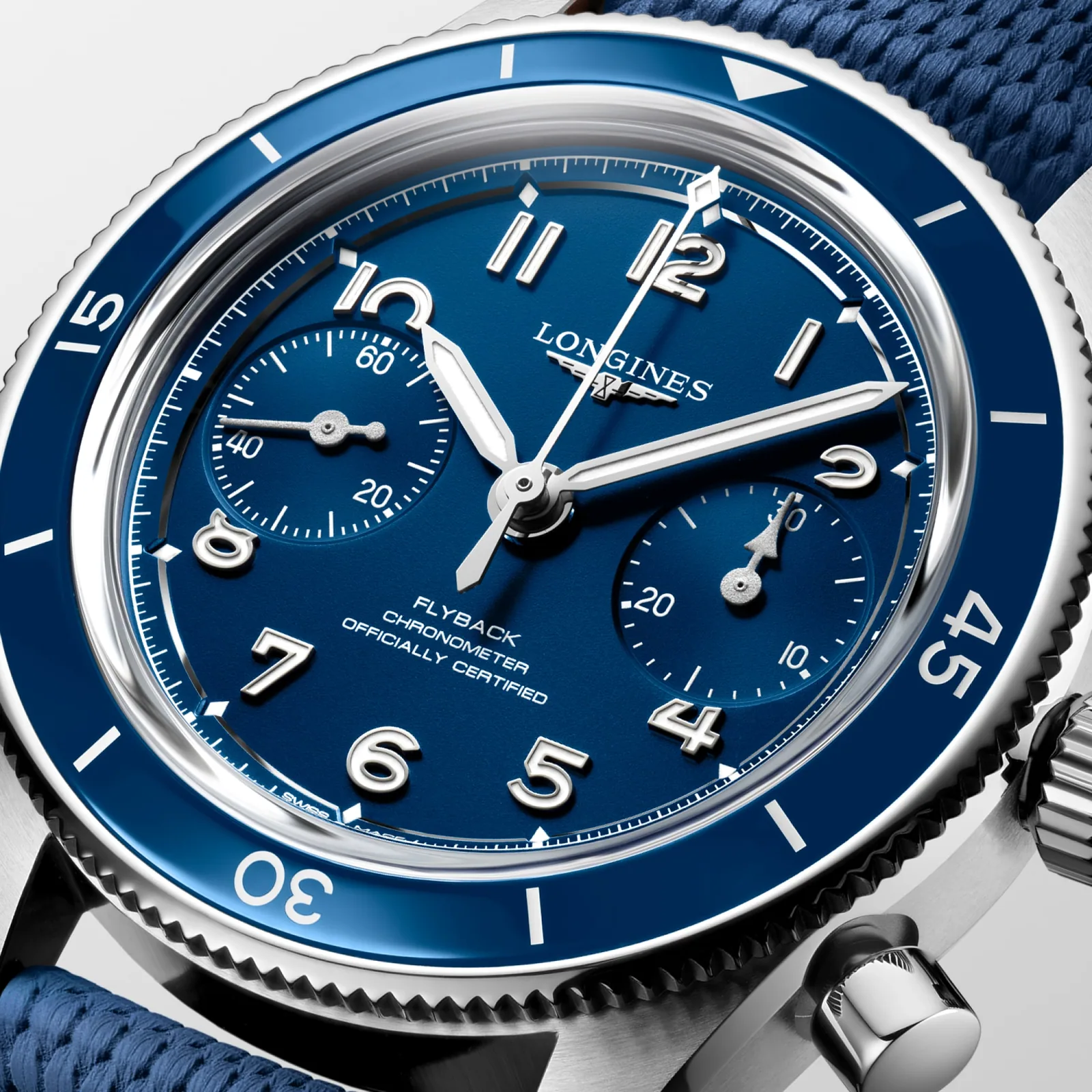 Longines Spirit Pilot Flyback Blau Kautschukband blau 39,5 mm Herrenuhr L3.721.4.93.9