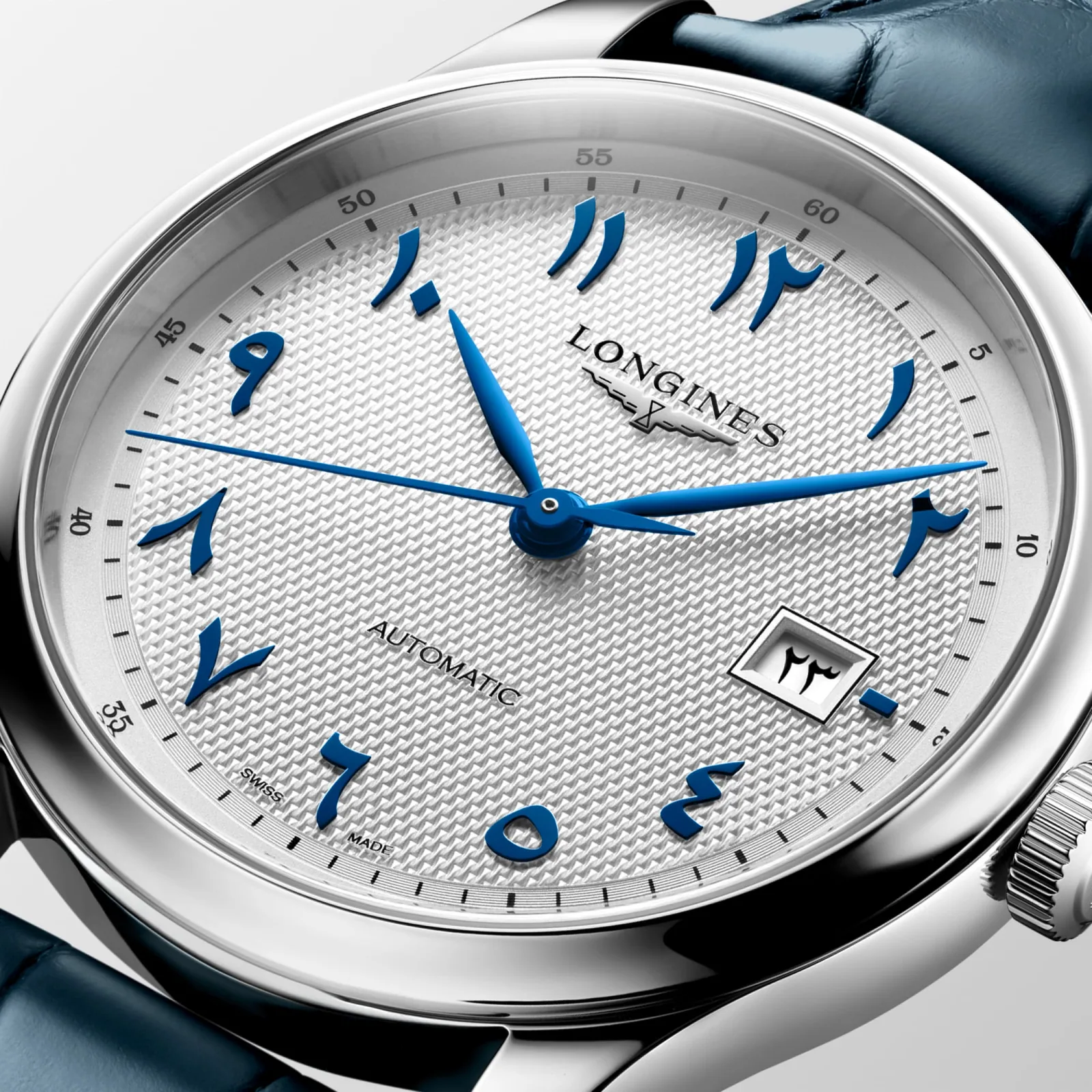 Longines Master Collection Arabic Dial Silber Lederband blau 41 mm Herrenuhr L2.950.4.79.2