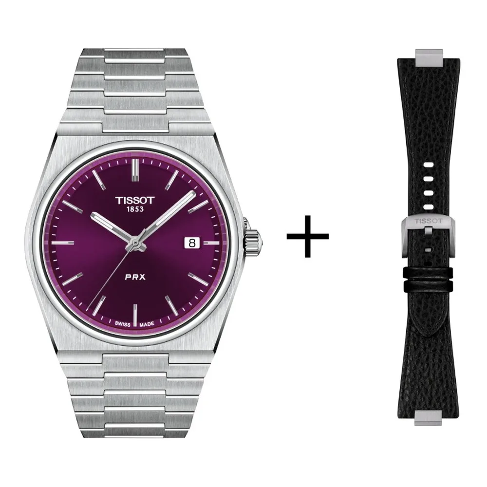 Tissot PRX 40mm Lila, Quarzwerk, Edelstahl, Saphirglas Herrenuhr T137.410.11.401.00 Set mit schwarzem Lederband 