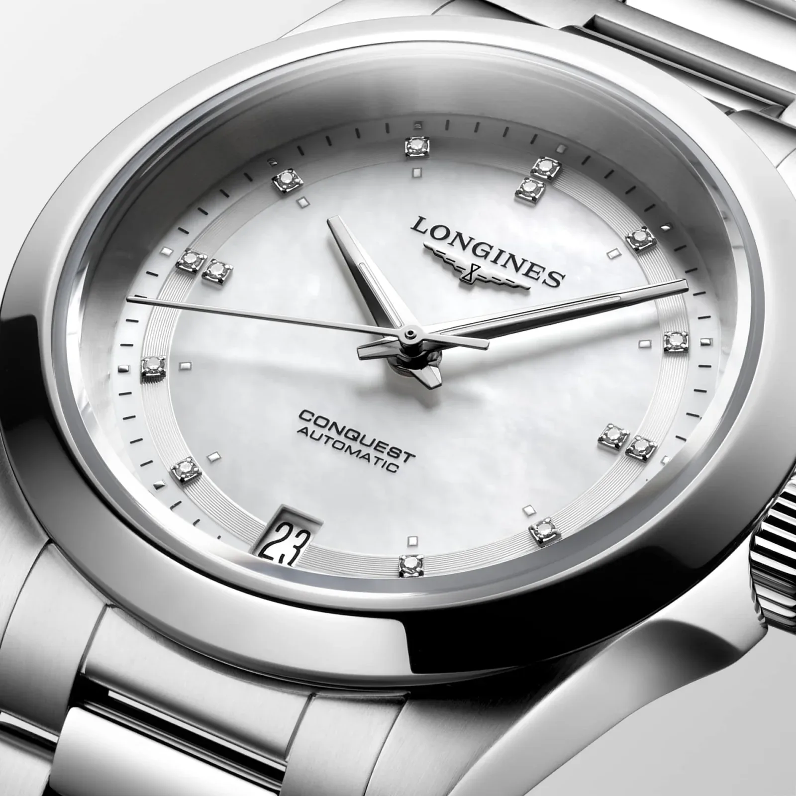 Longines Conquest Perlmutt Diamanten Edelstahlband 34 mm Damenuhr L3.430.4.87.6
