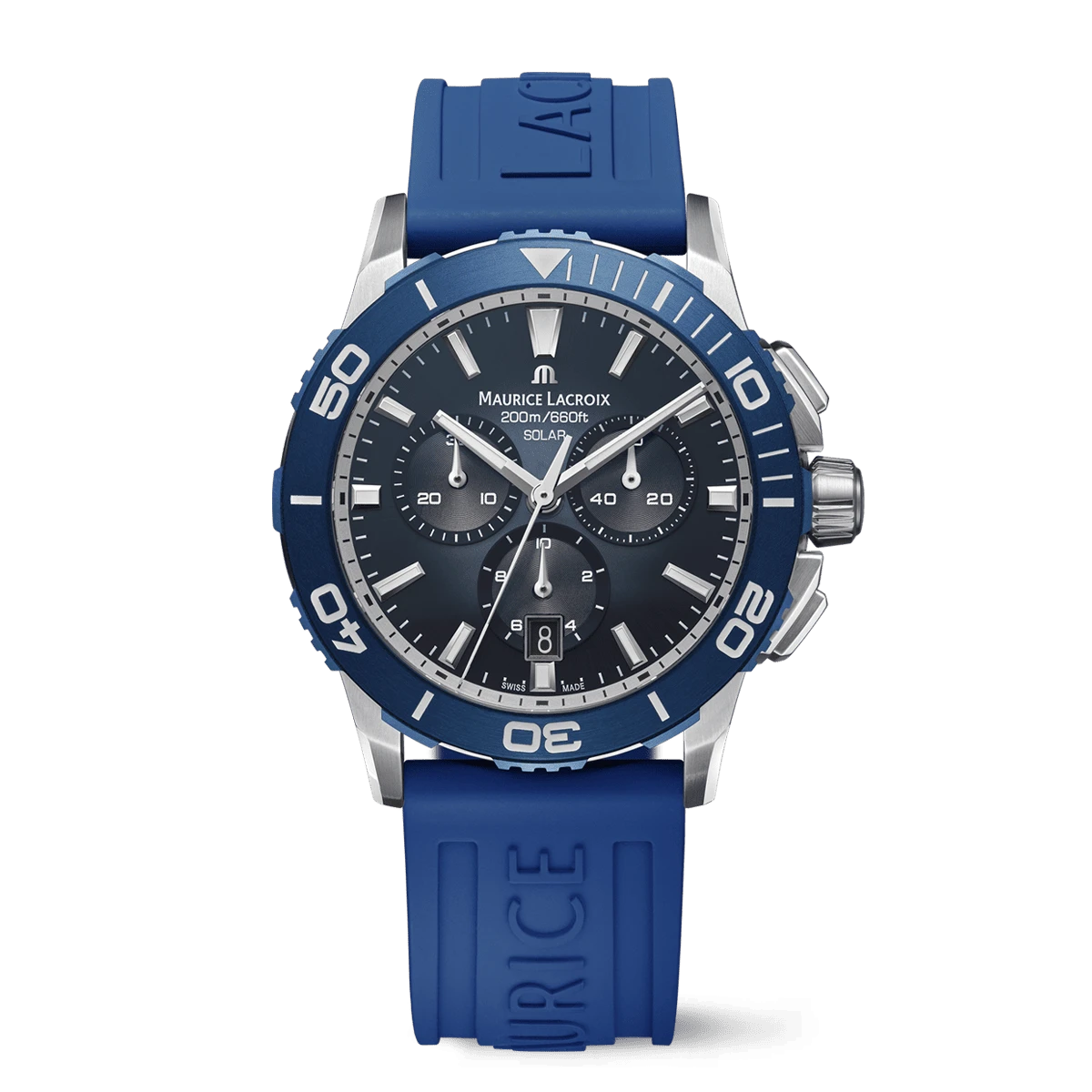 Maurice Lacroix PONTOS S SOLAR CHRONOGRAPH 42 mm, Blaues FKM-Kautschukarmband Herrenuhr PT1038-SSL40-430-4