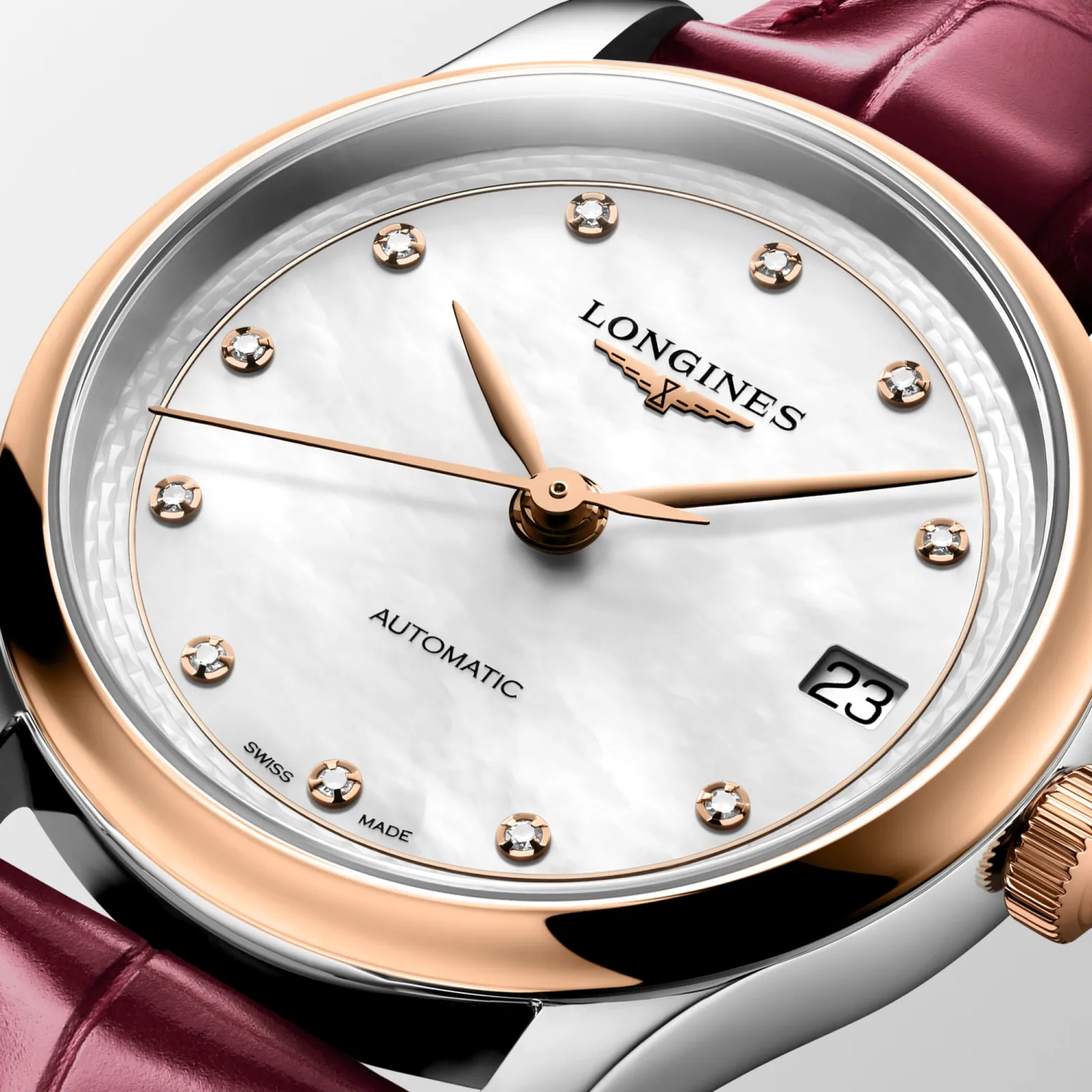 Longines Master Collection Perlmutt Diamanten Bicolor Roségold Lederband bordeaux 34 mm Damenuhr L2.450.5.89.2
