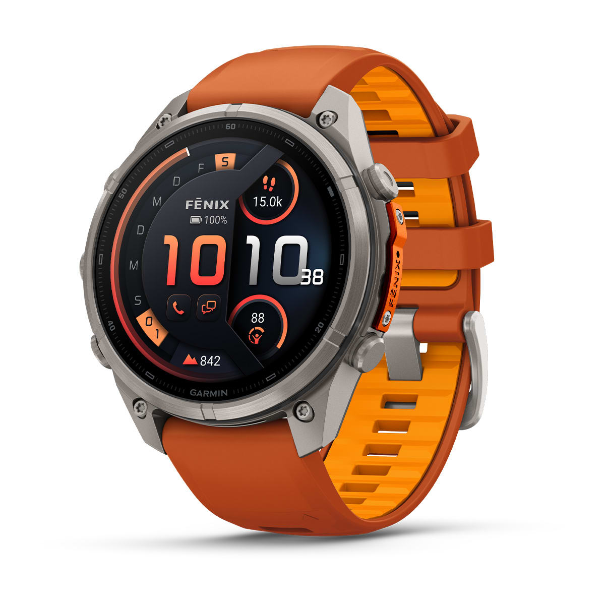 Garmin fēnix® 9 Pro inReach® - 47 mm AMOLED Sapphire Titan mit Silikon-Armband Autumn Orange/Spark Orange 010-04336-01