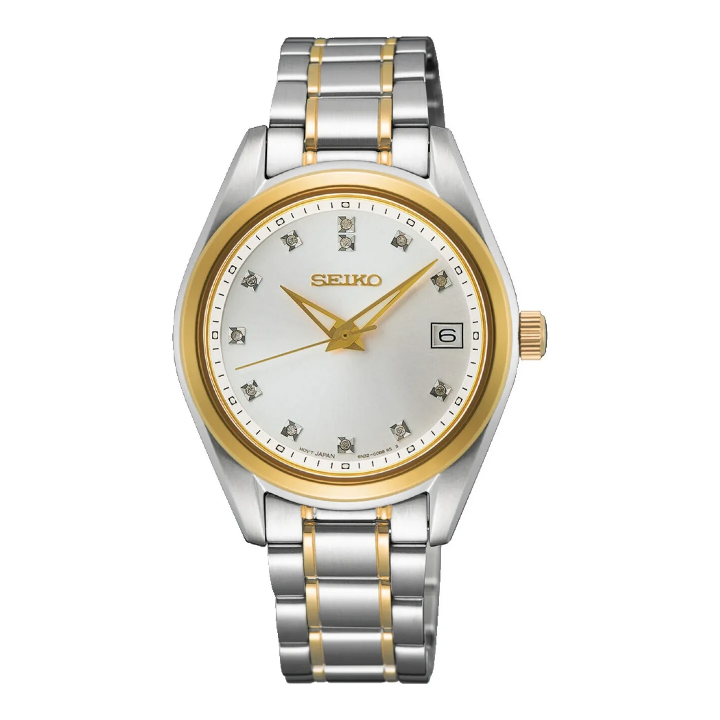 Seiko Classic Diamant Quarz 32 mm Goldfarben Weiß Damenuhr SUR582P1