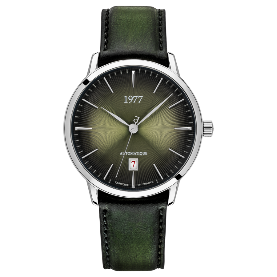 1977 EDMOND Automatique, 40 MM, Cadran Vert Olive, Bracelet Cuir Vert Herrenuhr 1977P01177