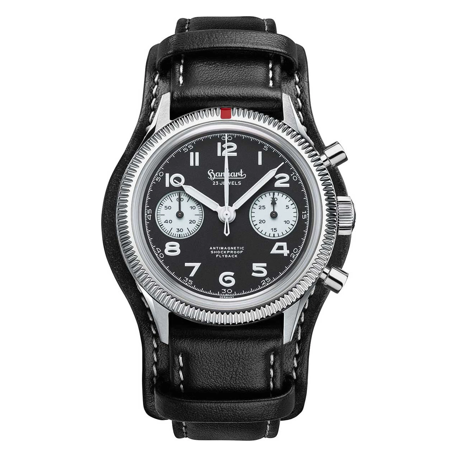 Hanhart 417 ES 1954 Flyback Reverse Panda 39 mm Lederband Schwarz Herrenuhr H701.211-7010