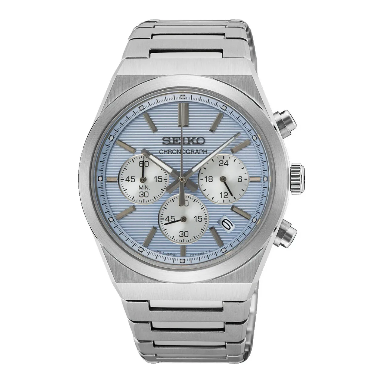 Seiko Chronograph Quarz 40 mm Edelstahlband Hellblau Herrenuhr SSB459P1
