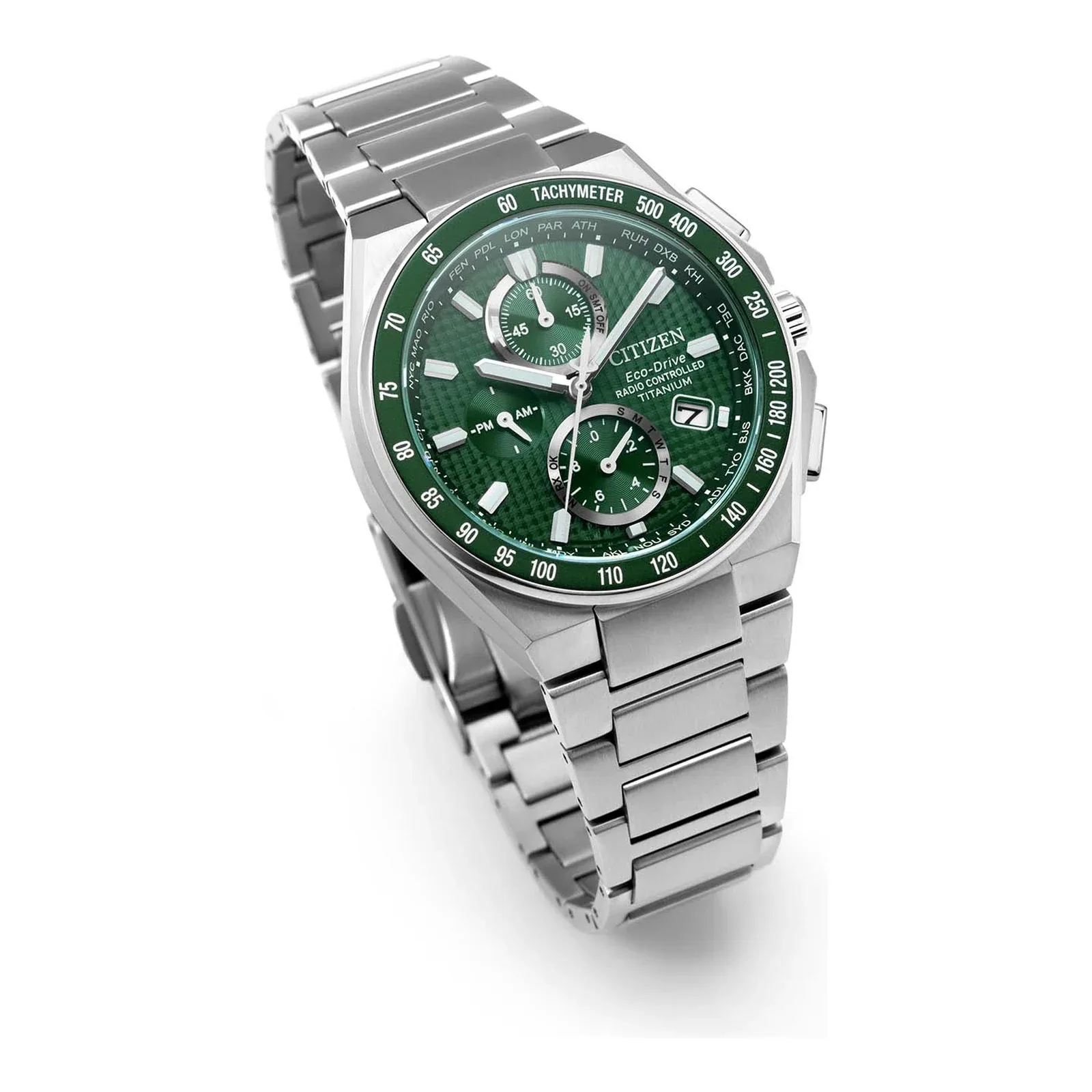 Citizen Eco-Drive Funk Chronograph Super Titanium grün Herrenuhr AT8398-53X