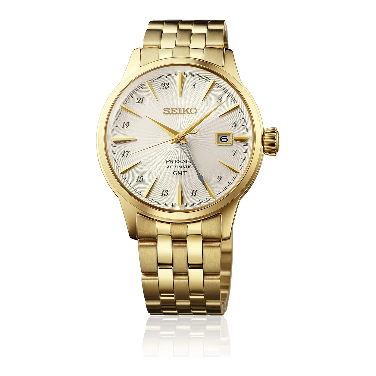 Seiko Presage Cocktail Time GMT Automatik 40 mm Edelstahlband Silber Herrenuhr HCB004J1