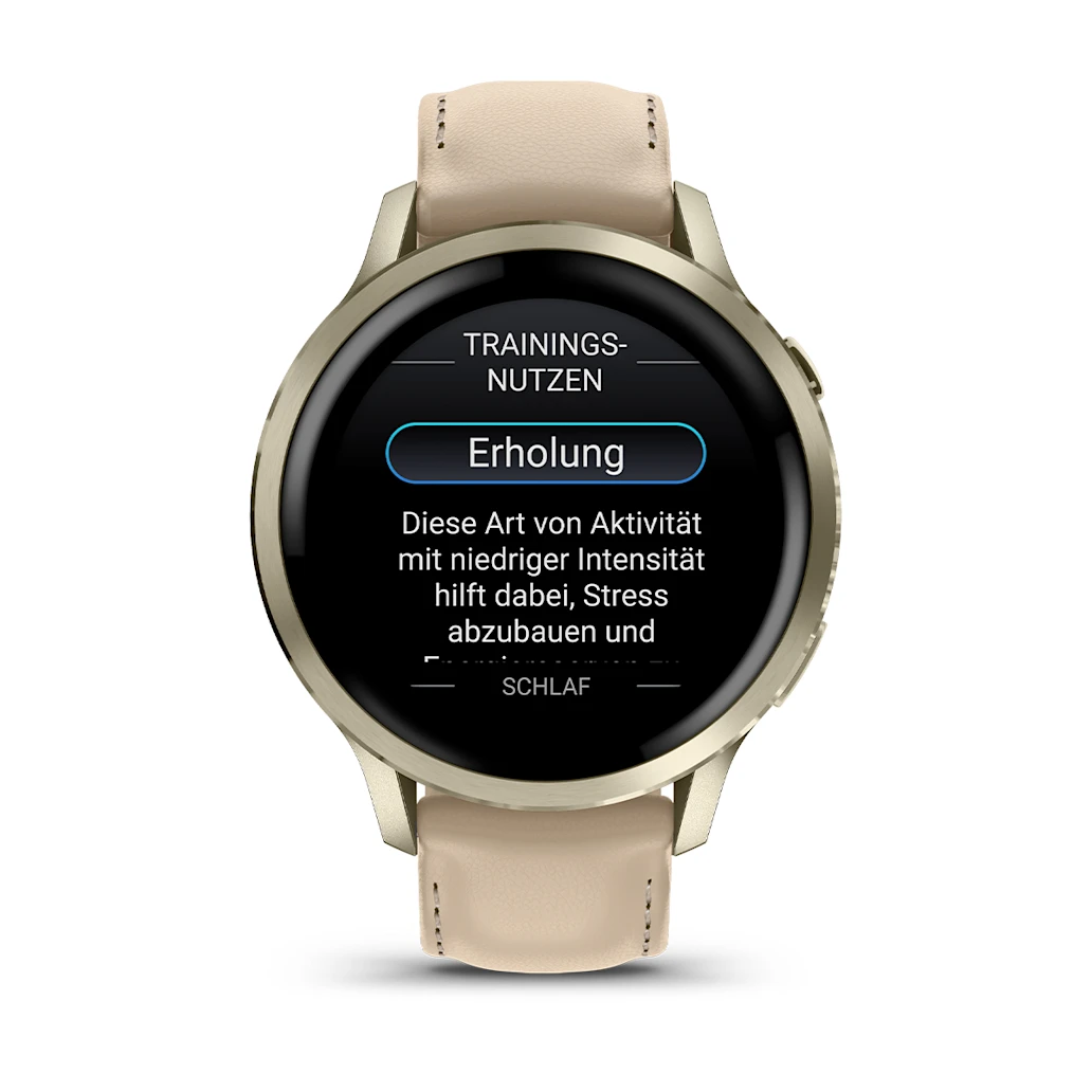Garmin Venu® 4 - 41 mm Beige/Lunargold mit Schnellwechsel-Leder-Armband 18 mm Heller Sand Unisexuhr 010-03013-03