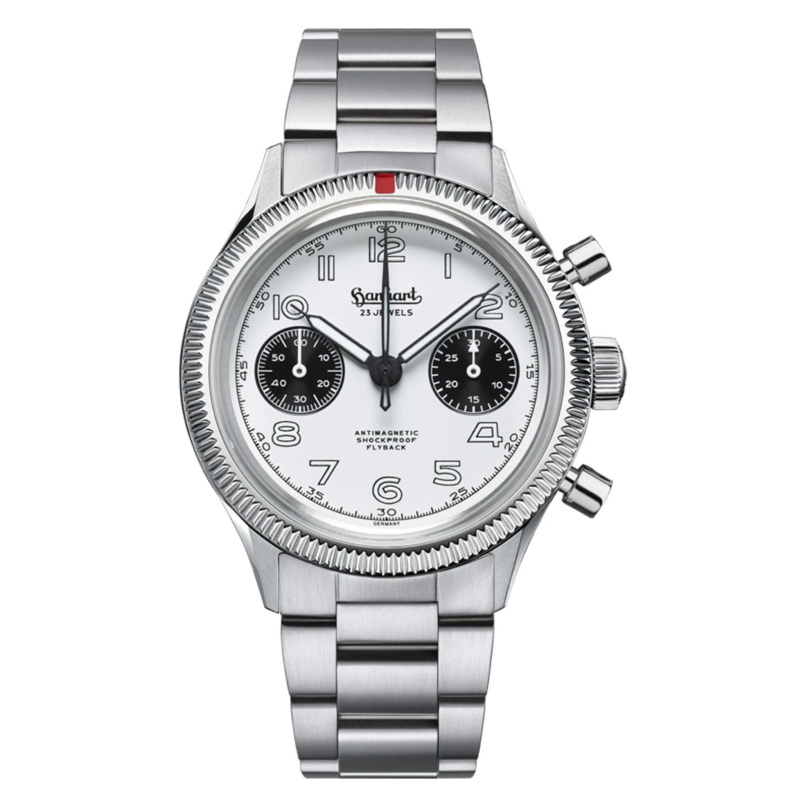 Hanhart 417 ES 1954 Flyback Panda 39 mm Edelstahlband Silber Herrenuhr H701.201-6428