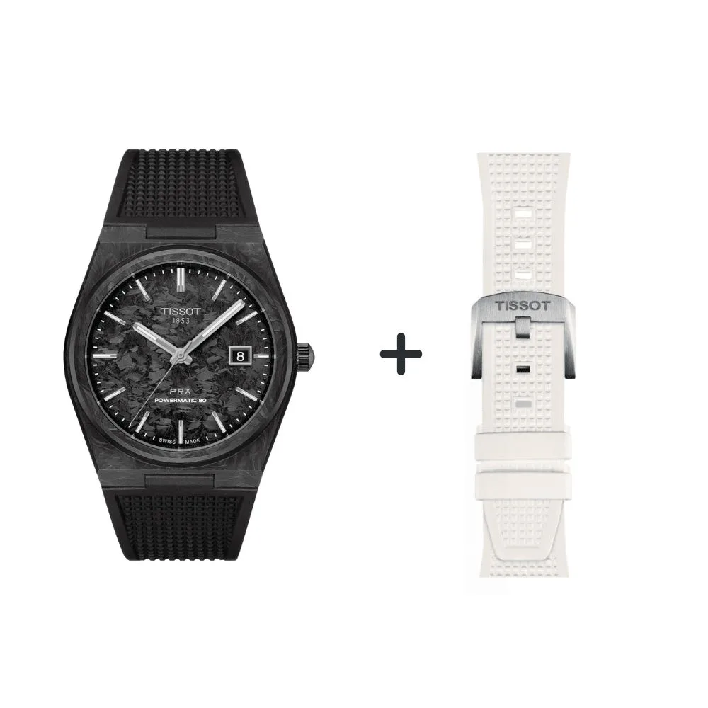 Tissot PRX 80 Herrenuhr CARBON T137.907.97.201.00 Set mit weißen Silikonband