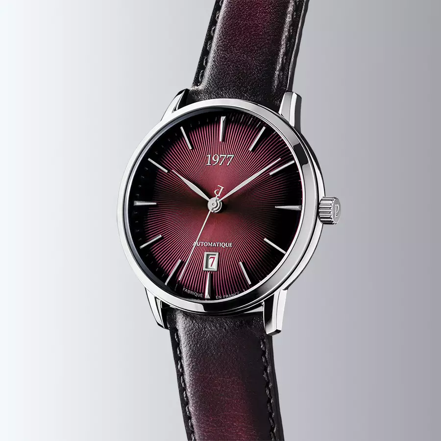1977 EDMOND Automatique, 40 MM, Cadran Lie-de-vin, Bracelet Cuir Lie-de-vin Herrenuhr 1977P01155