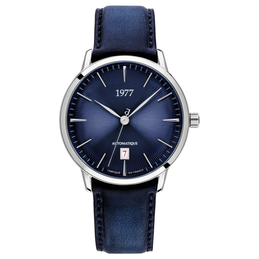 1977 EDMOND Automatique, 40 MM, Cadran Bleu, Bracelet Cuir Bleu Herrenuhr 1977P01166