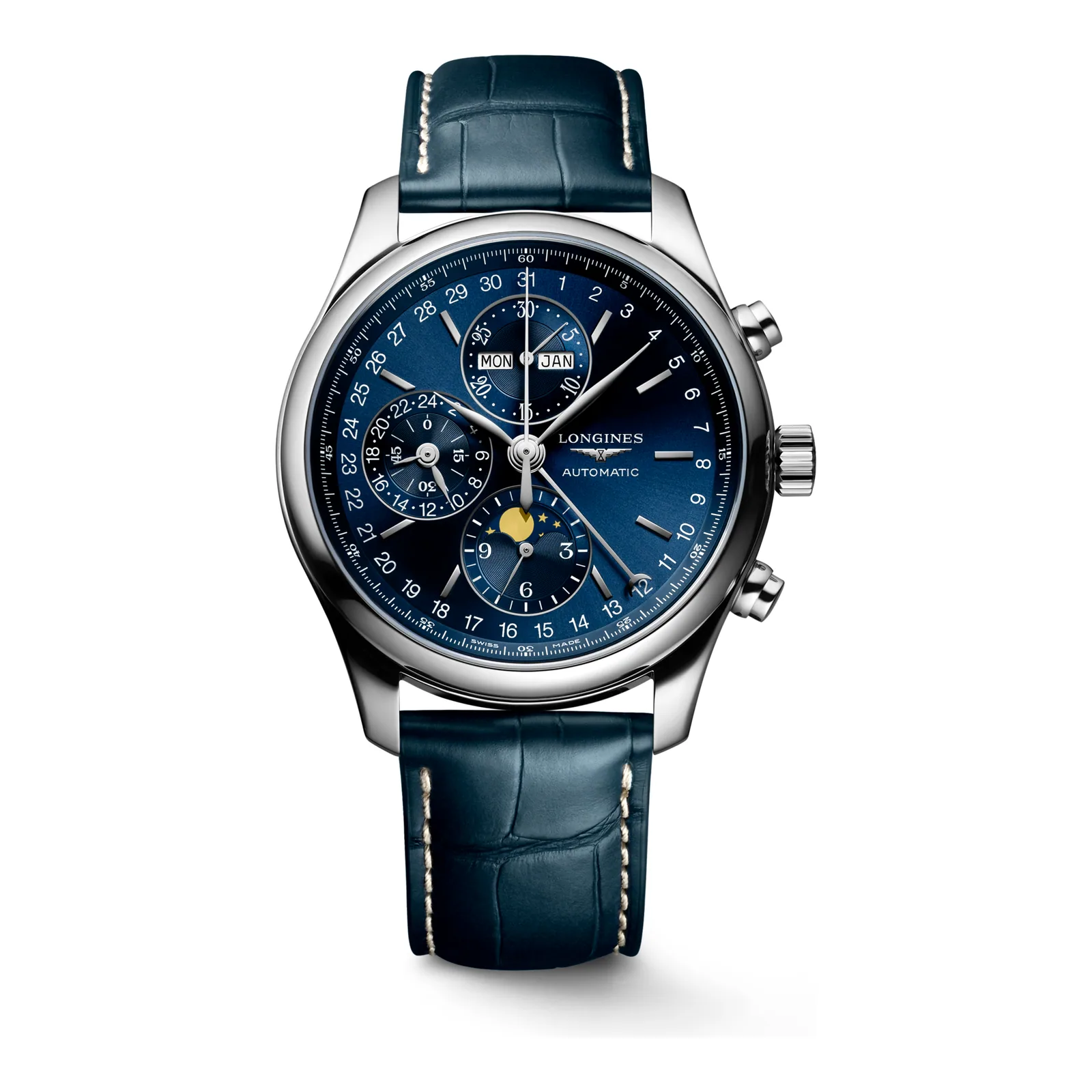 Longines Master Collection Chrono Mondphase Blau Lederband blau 42 mm Herrenuhr L2.773.4.92.0