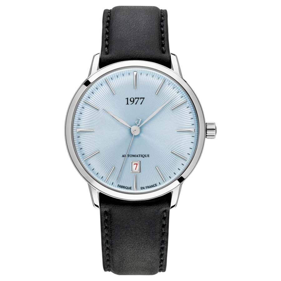 1977 EDMOND Automatik, 40 mm, Zifferblatt Gletscherblau, Lederband Schwarz, Herrenuhr 1977P01163