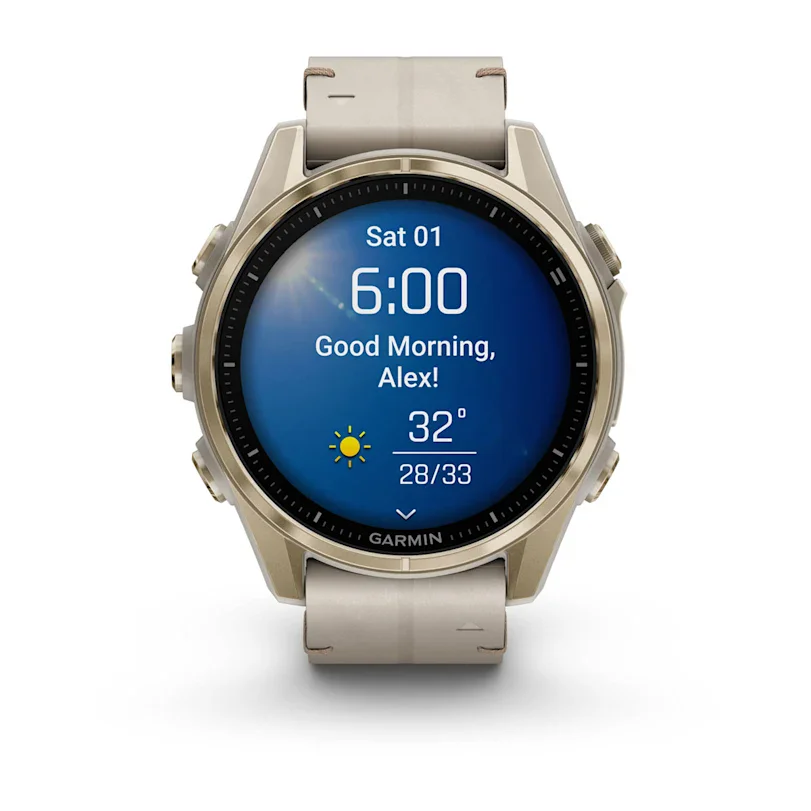 Garmin fēnix® 8 - 43 mm AMOLED Sapphire Nebelgrau/Softgold mit Lederarmband und Silikonband 010-02903-40