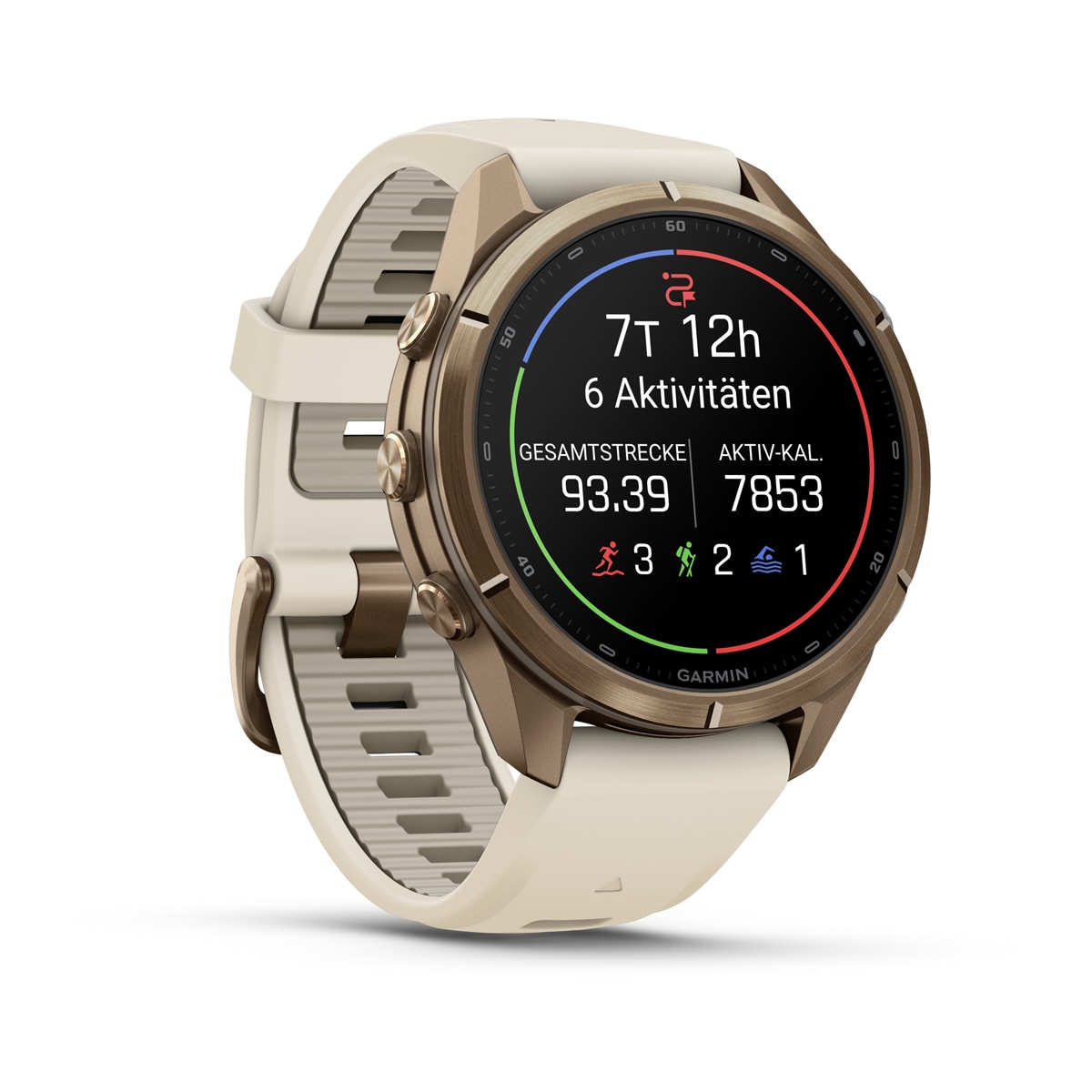 Garmin fēnix® 9 Pro inReach® - 43 mm AMOLED Sapphire Autumn Gold Titan mit Silikon-Armband Creme/French Gray 010-04335-21