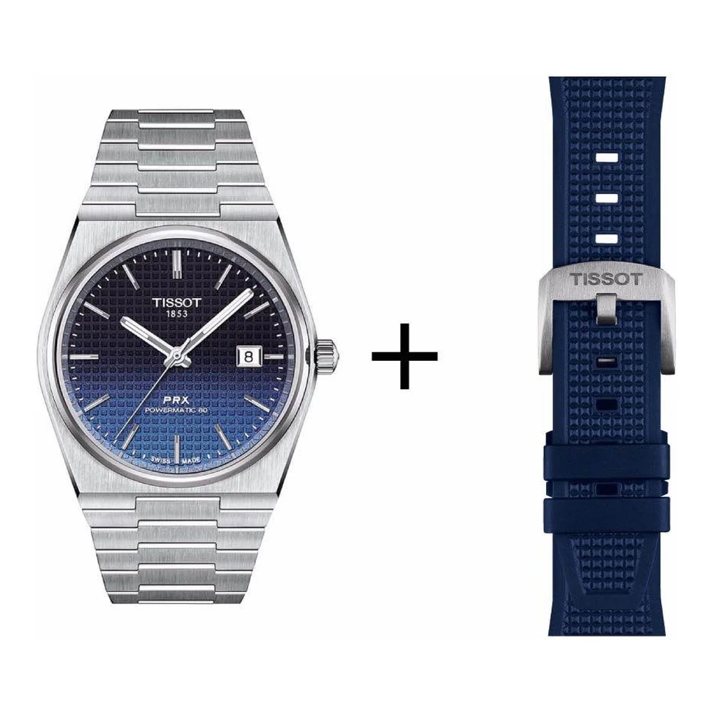 Tissot PRX Gradient Herrenuhr T137.407.11.051.01 Set mit blauem Kautschukband