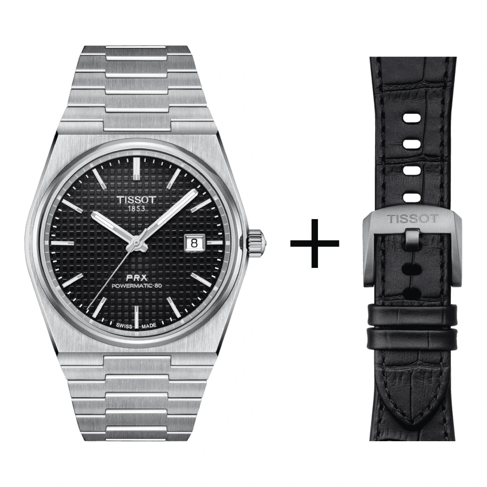 Tissot PRX Herrenuhr T137.407.11.051.00 Set mit schwarzem Lederarmband Krokooptik 