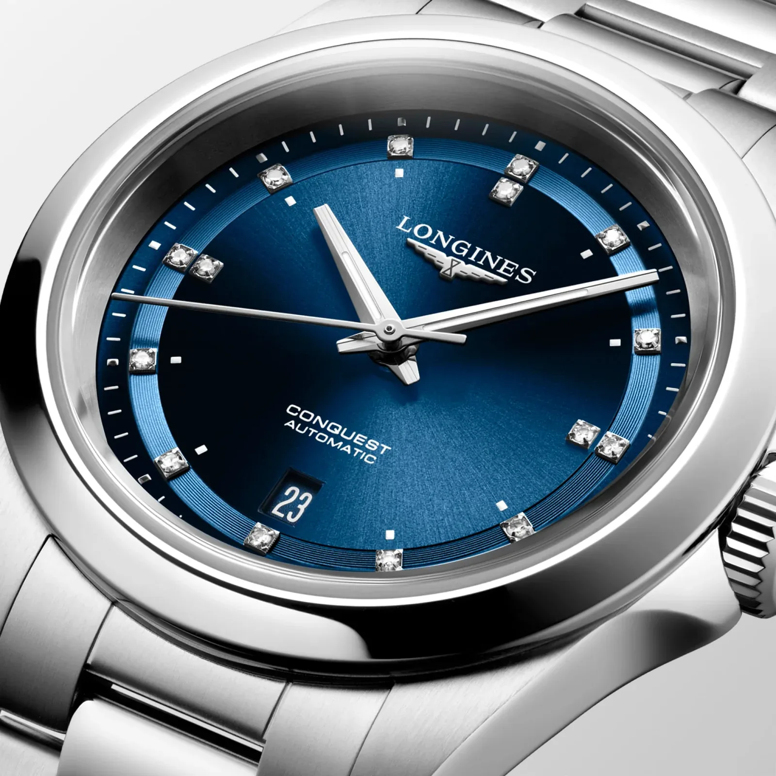 Longines Conquest Blau Diamanten Edelstahlband 30 mm Damenuhr L3.320.4.97.6