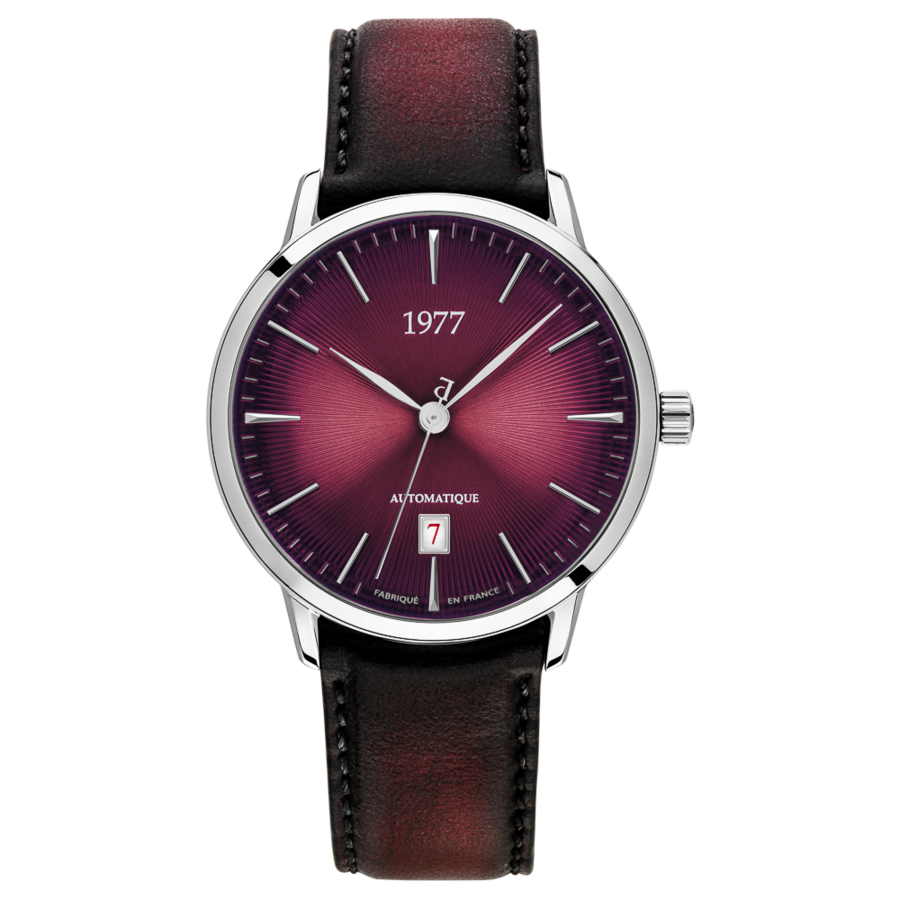1977 EDMOND Automatique, 40 MM, Cadran Lie-de-vin, Bracelet Cuir Lie-de-vin Herrenuhr 1977P01155