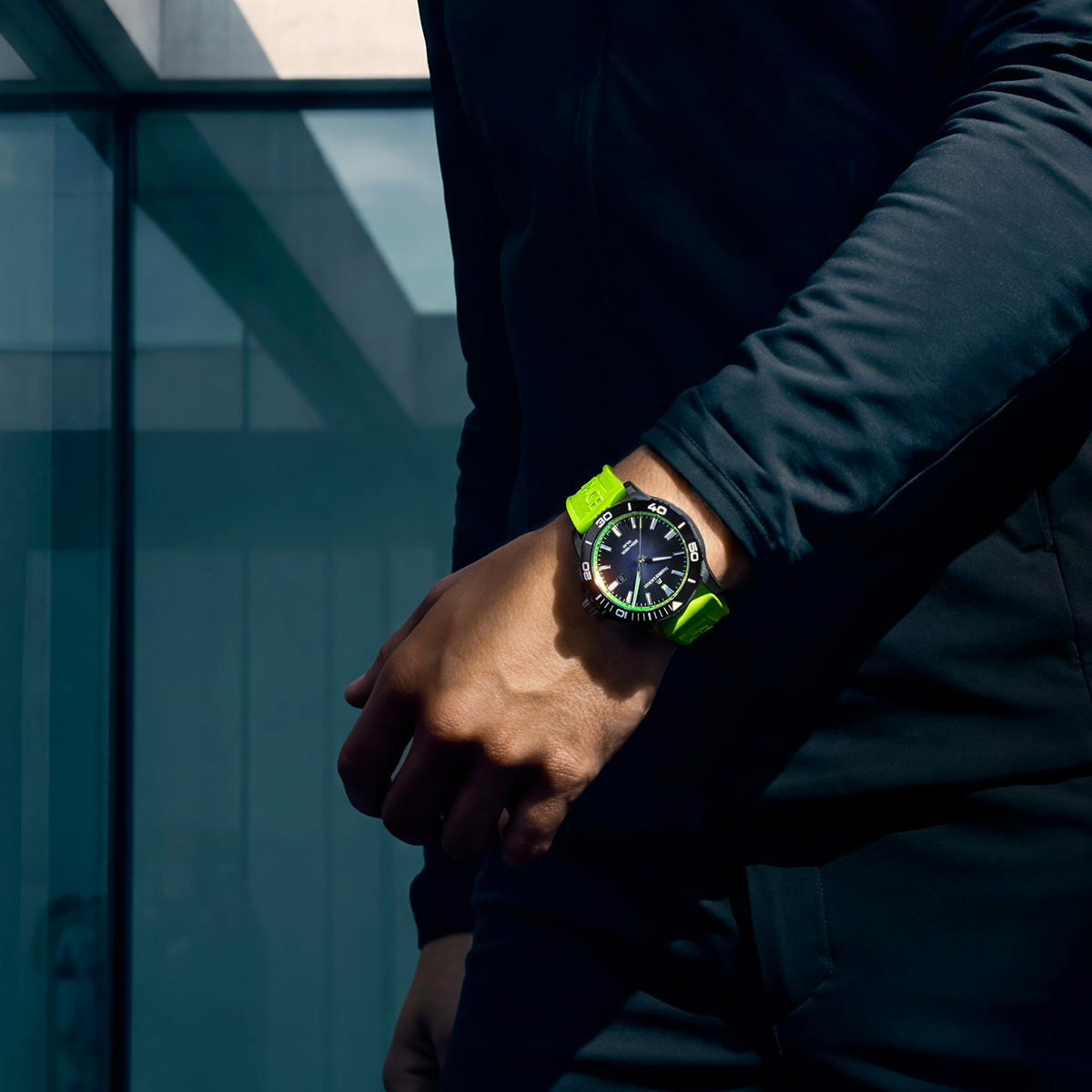 Maurice Lacroix PONTOS S SOLAR SPECIAL EDITION, 42 mm, Neongrünes Kautschukarmband Herrenuhr PT1008-DLB00-330-5
