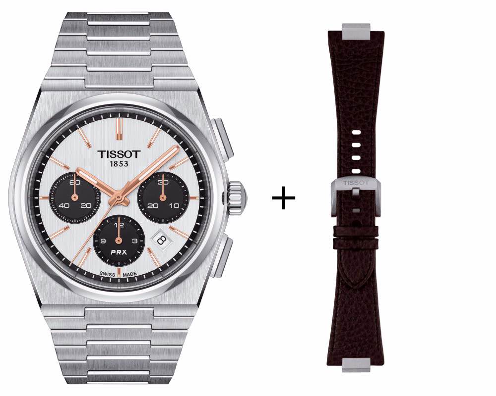 Tissot PRX Automatik Chronograph Herrenuhr T137.427.11.011.00 Set mit braunem Lederband