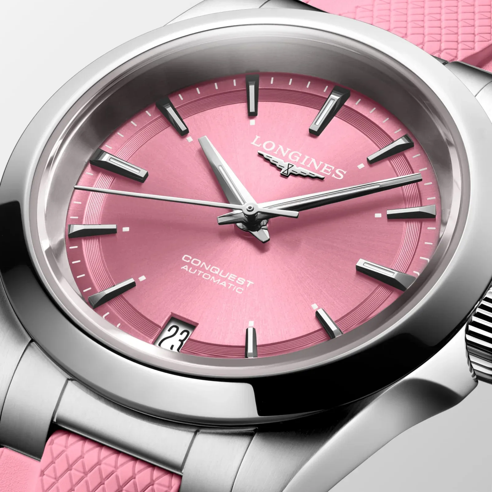 Longines Conquest Pink Kautschukband rosa 34 mm Damenuhr L3.430.4.99.9