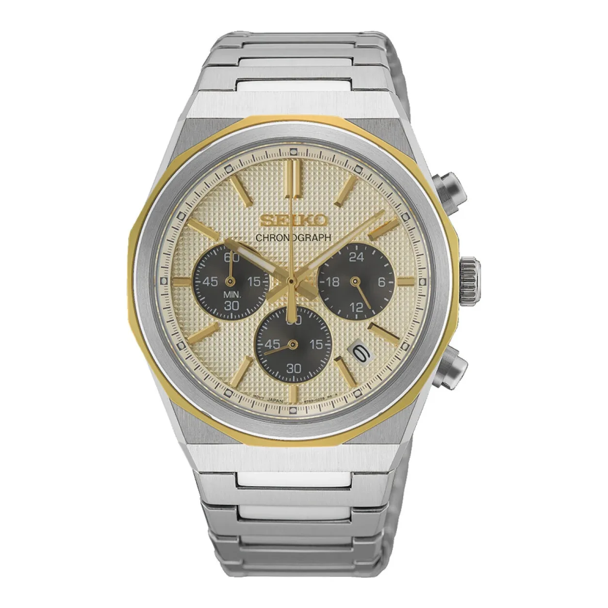 Seiko Chronograph Quarz 40 mm Edelstahlband Gold Herrenuhr HGK001P1