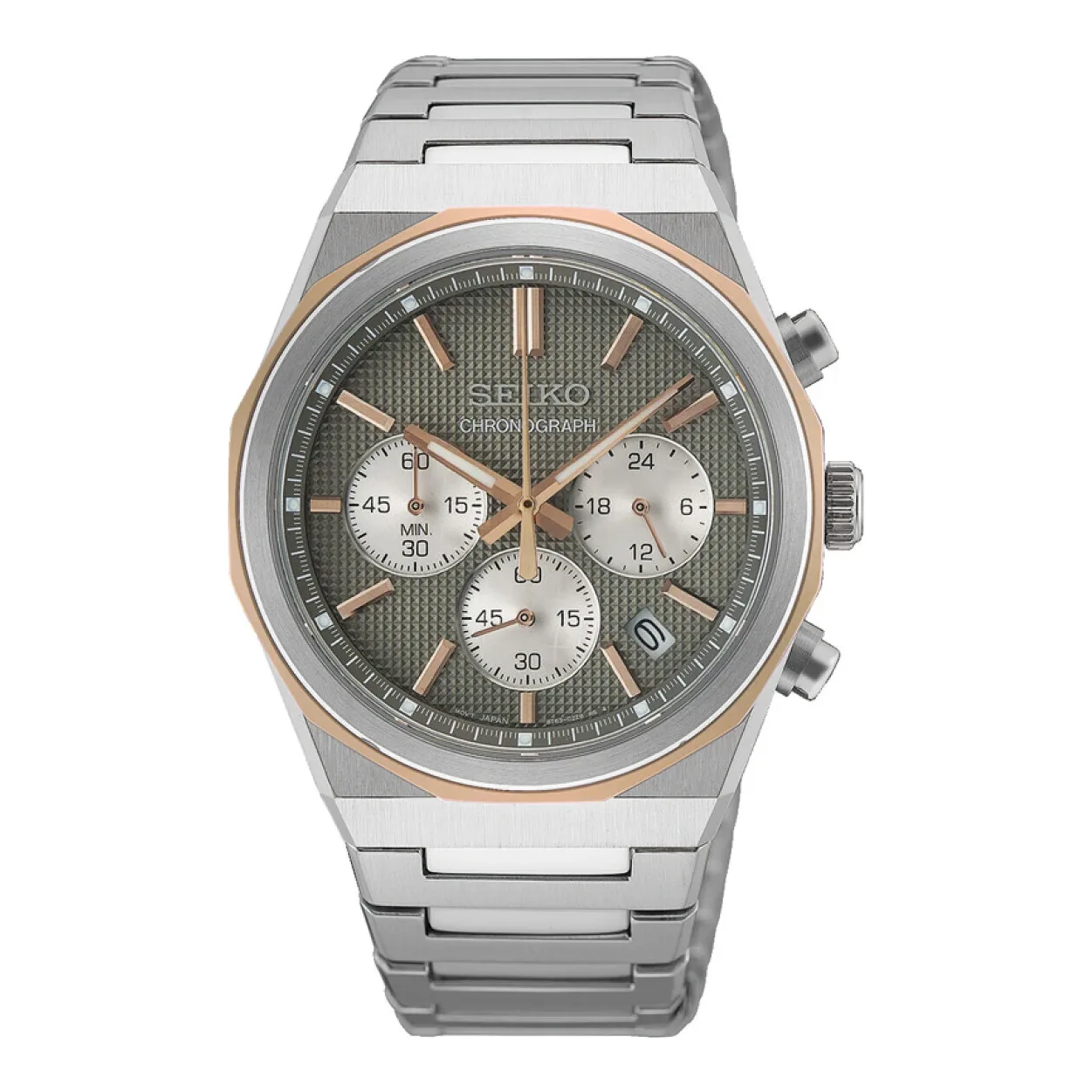 Seiko Chronograph Quarz 40 mm Edelstahlband Grau Herrenuhr HGK002P1