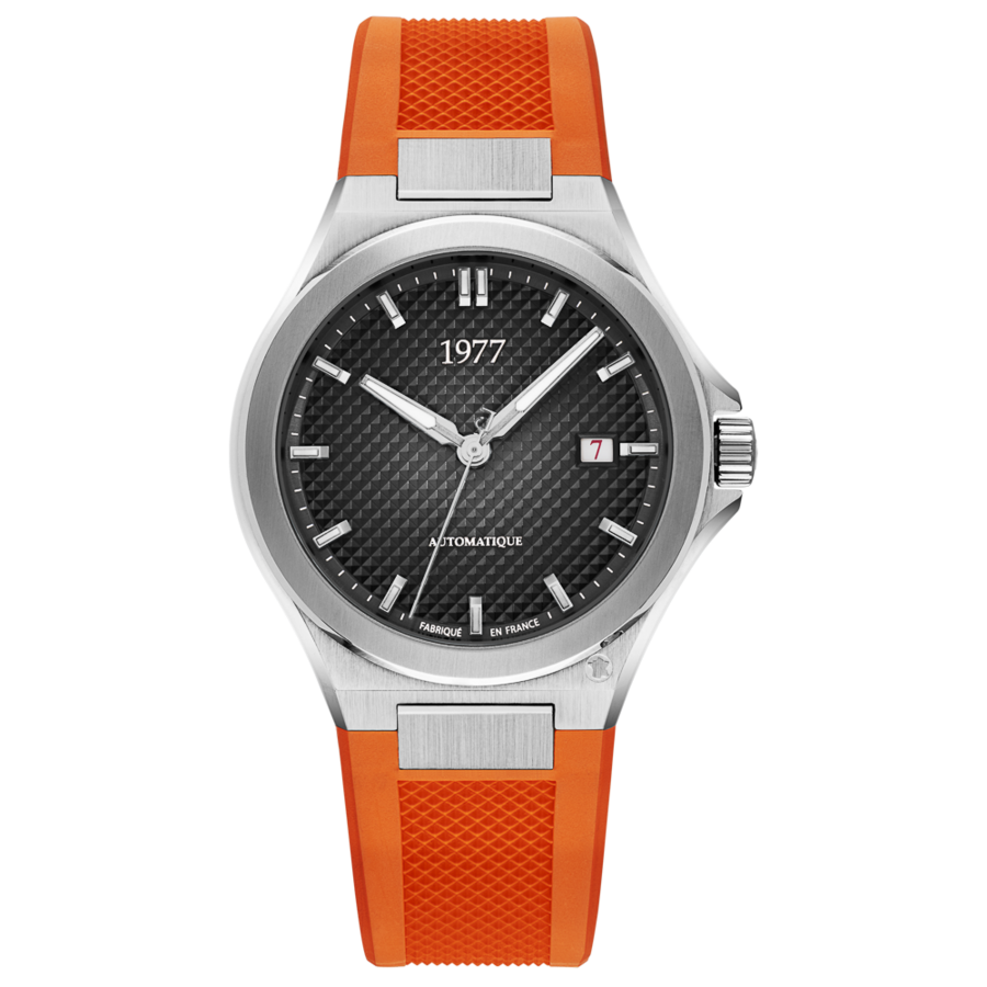 1977 ARSENE Automatique, 41 MM, Cadran Noir, Bracelet Caoutchouc FKM Orange Herrenuhr 1977P02138