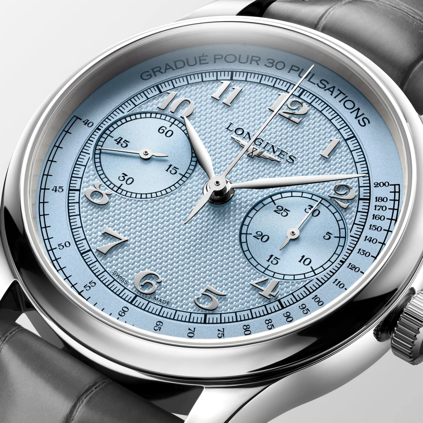 Longines Master Collection Chrono Monopusher Hellblau Lederband anthrazit 41 mm Herrenuhr L2.960.4.93.2