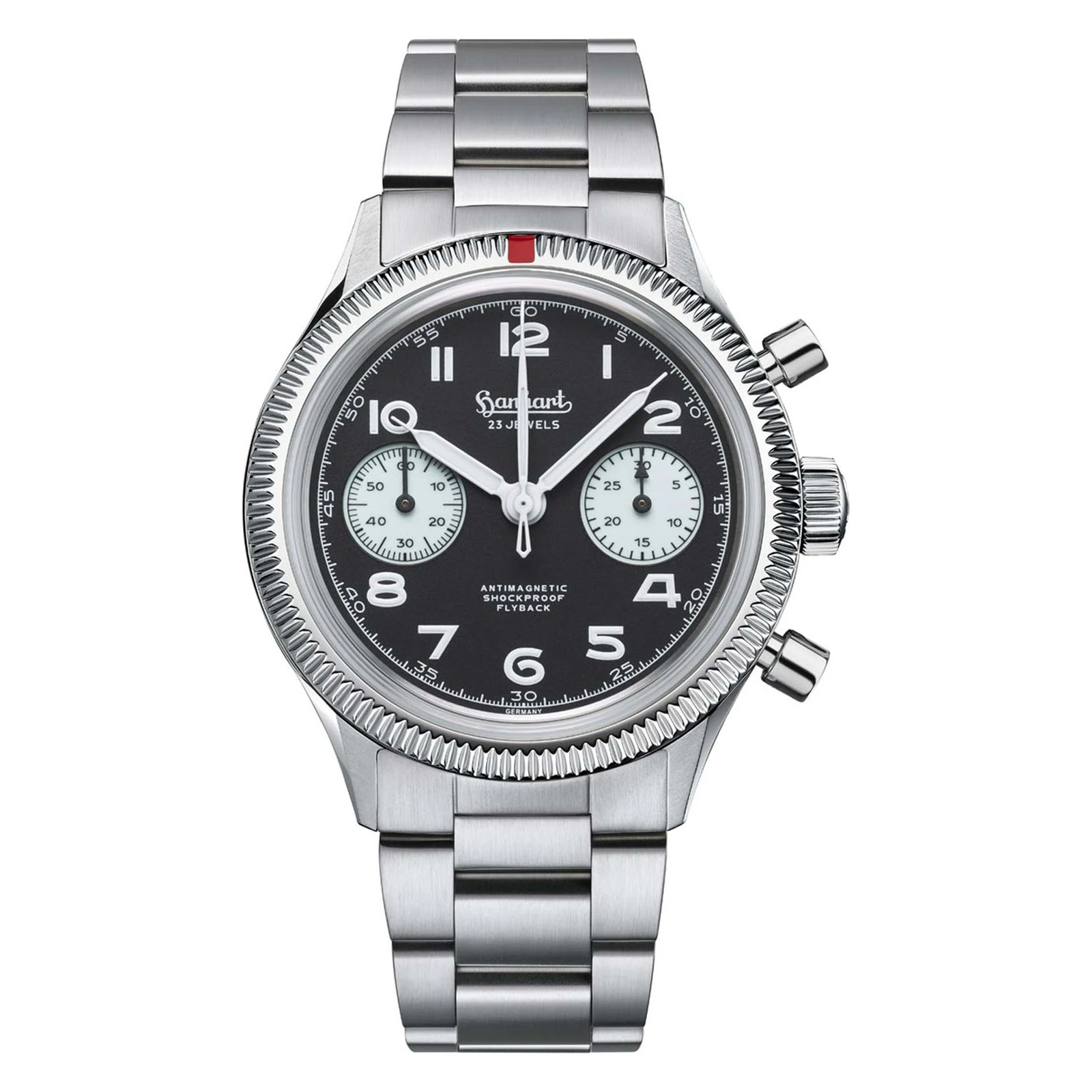 Hanhart 417 ES 1954 Flyback Reverse Panda 39 mm Edelstahlband Silber Herrenuhr H701.211-6428