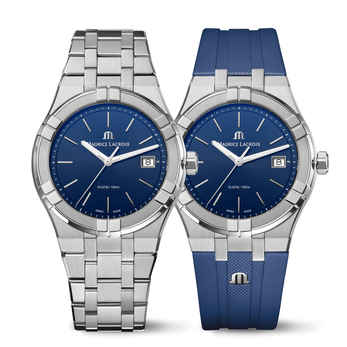 Maurice Lacroix Aikon Qartz Date 40mm, Quarzwerk,Blau, inklusive Ersatzarmband, Kautschuk und Edelstahl Herrenuhr AI1108-SS00F-430-C