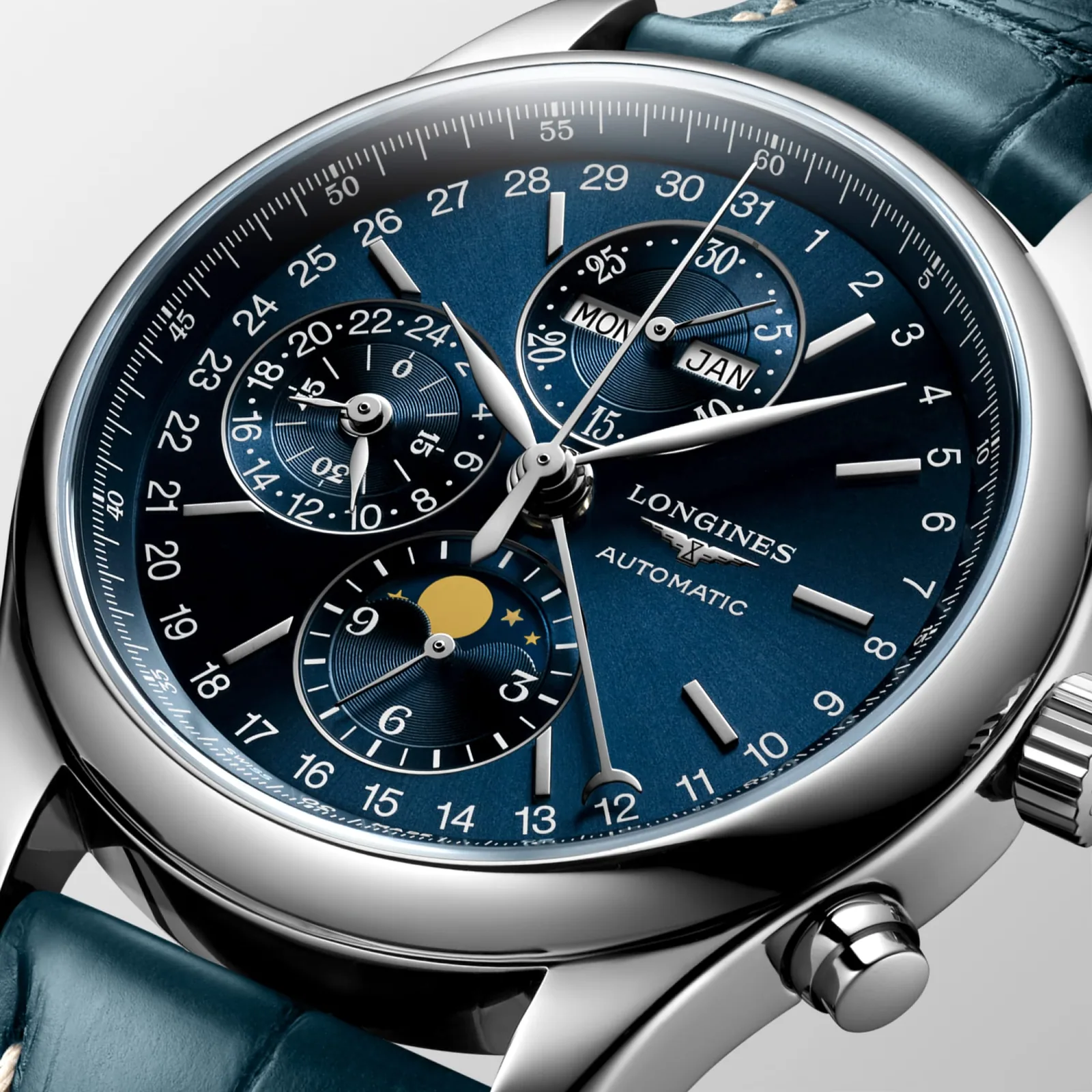 Longines Master Collection Chrono Mondphase Blau Lederband blau 42 mm Herrenuhr L2.773.4.92.0