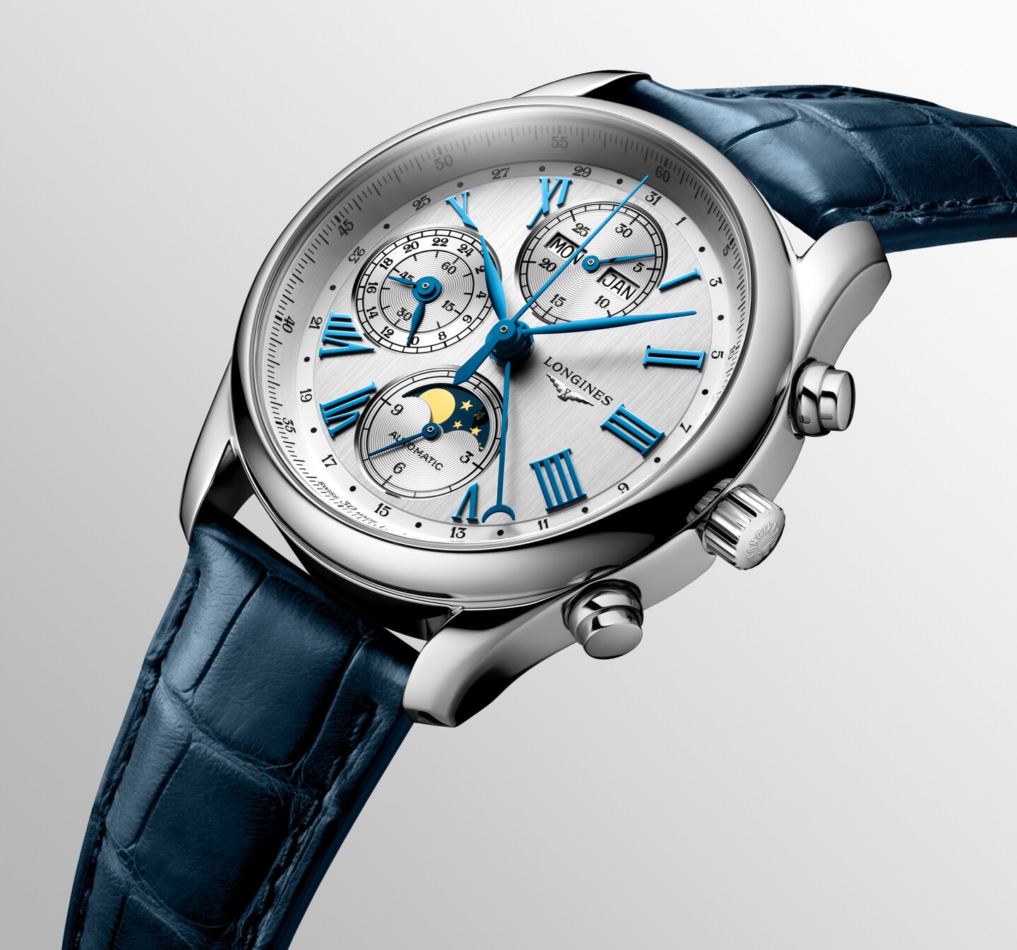 Longines Master Collection Chrono Mondphase Silber Lederband Herrenuhr L2.673.4.71.2